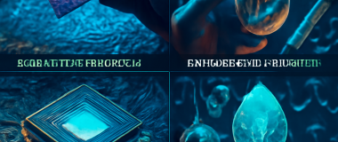 Desen digital vibrant al unui peisaj montan cu un lac limpede în față și cer senin albastru, în stil impresionist.