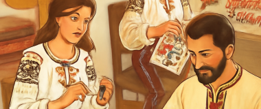 Desen digital al unei pisici negre cu ochi verzi, într-un fundal abstract colorat.