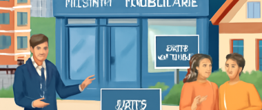 Desen digital detaliat cu un peisaj montan acoperit de zăpadă, cer senin albastru și copaci de conifere.