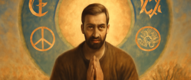 Desen futurist cu un oraș mare și luminat noaptea, cu clădiri înalte și cer albastru închis, plin de stele strălucitoare.